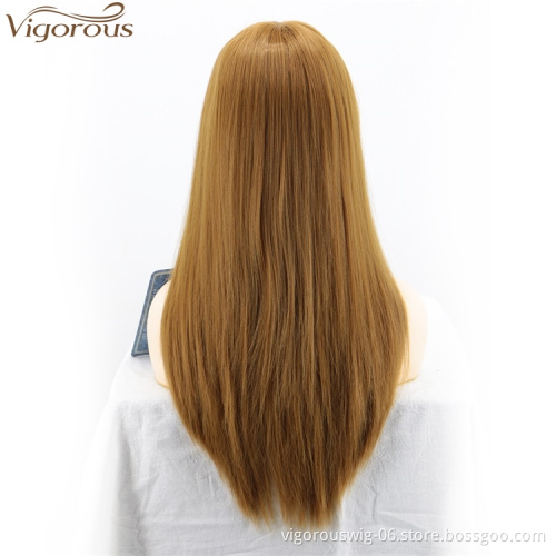 Vigorous Long Straight Brown Synthetic Fiber no lace full Wig black Women cheap fashion extansions Hair Wigs with bangs cosplay